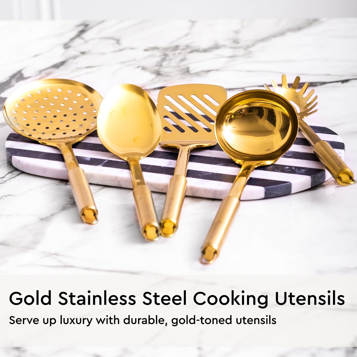 Copper Cooking Utensils for Cooking/Serving, Rose Gold Kitchen Utensils -Stainless Steel Copper Serving Utensils Set 5 PCS-Copper Ladle, Serving Spoon, Pasta Serving Fork, Spatula, Kitchen Skimmer