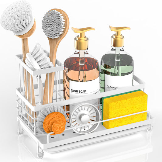 Cisily Organiseur d'évier de cuisine, porte-éponge pour évier de cuisine en acier inoxydable 304 antirouille, distributeur de savon antidérapant, porte-brosse, rangement, accessoires essentiels pour la maison et la cuisine 