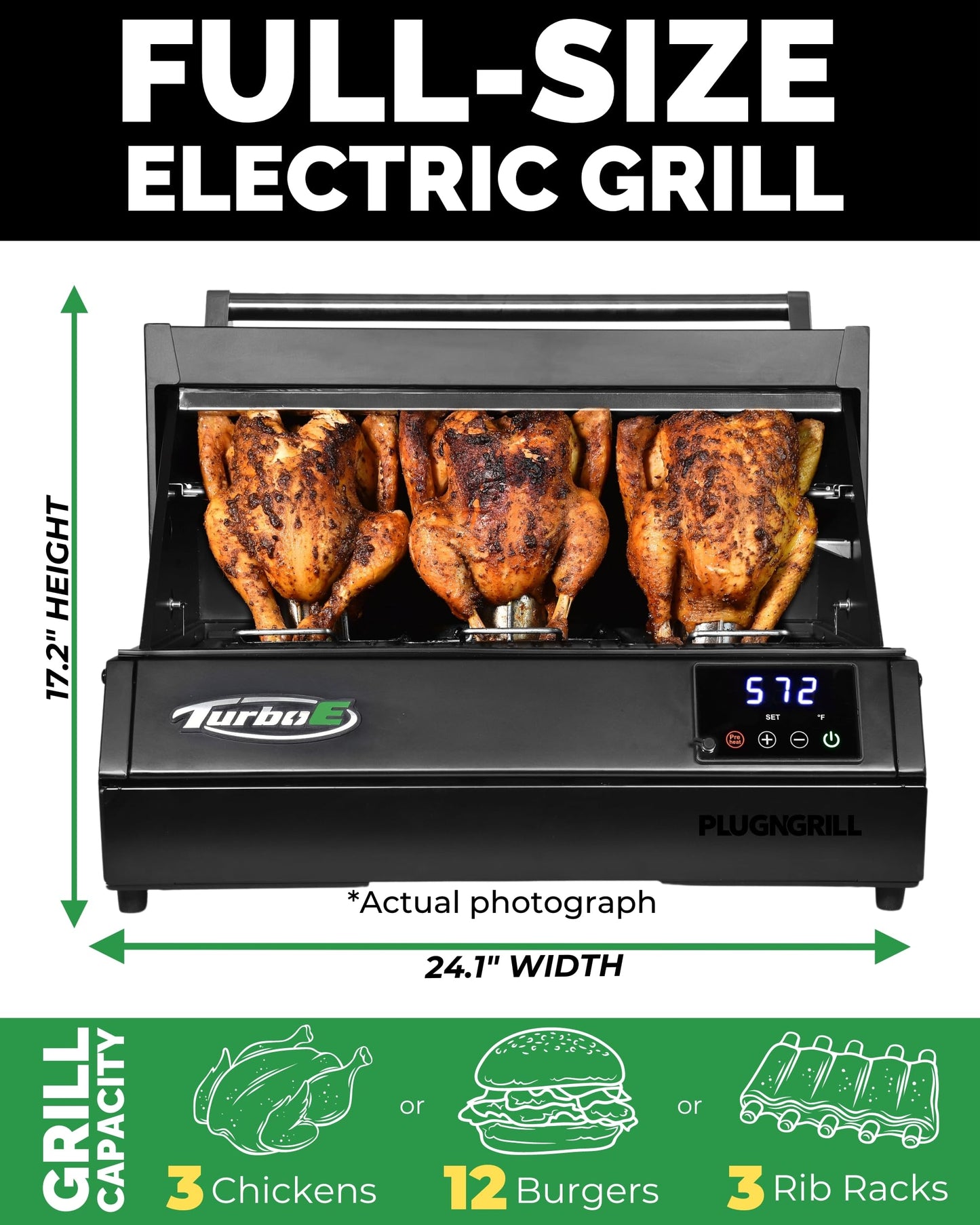 Barbecue électrique d'extérieur Turbo E de PLUGNGRILL - Technologie de gril infrarouge haute puissance de 1700 W - Barbecue intelligent de 24 pouces avec sonde et affichage numérique pour une cuisson et une saisie précises 