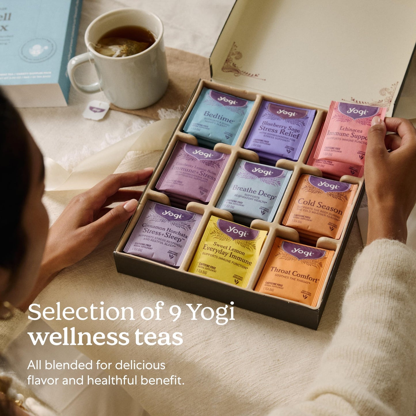 Organic Sampler Gift Box-5 Tea Bags per Flavor (45 Tea Bags)-Delicious Wellness Immunity Teas-9 Herbal Teas-Caffeine-Free Tea Variety Pack-Tea Gift Set