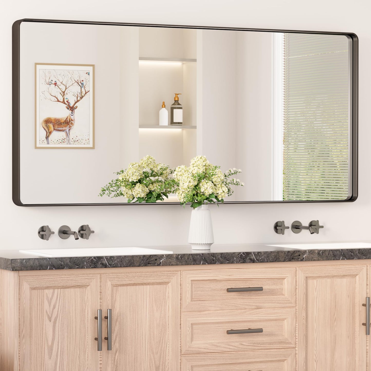 Keonjinn Black Mirror for Bathroom Sink, 24 x 30 Inch Sandblasted Finish Aluminum Wall Mirrors, Matte Black Rectangle Farmhouse Mirror with Shatterproof HD Tempered Glass, Anti-Rust Metal Frame