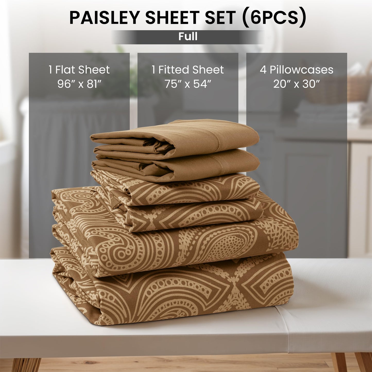 LUX Decor Paisley King Sheet Set, 6 PC Soft Microfiber Wrinkle Free Sheets - Luxurious Printed Bed Sheets Includes Flat Sheet, Fitted Sheet with Deep Pockets, & 4 Pillowcases - Taupe