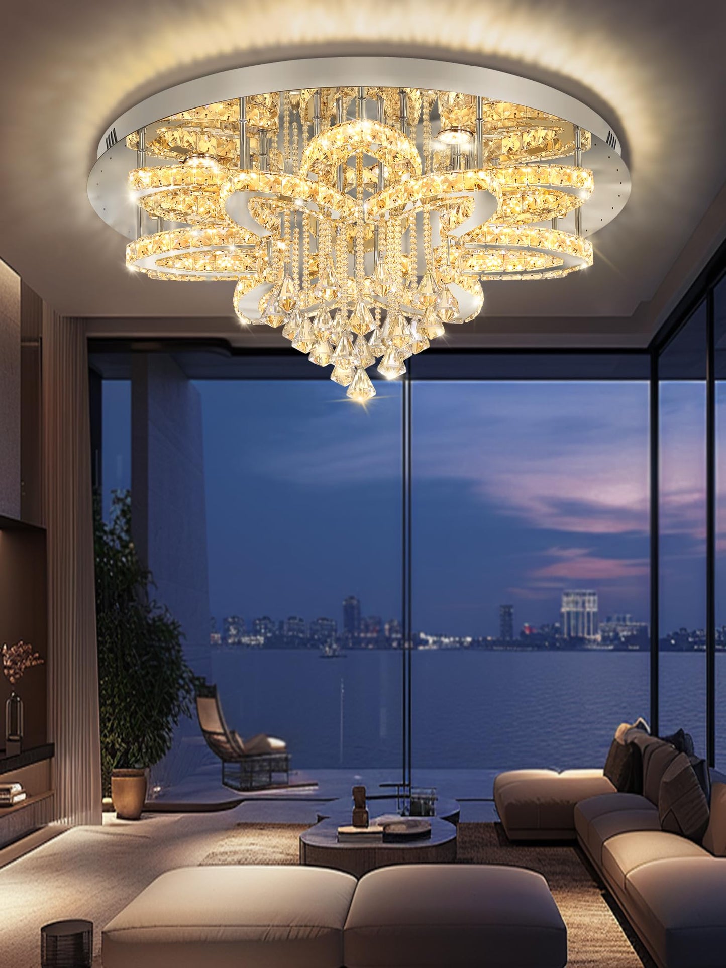 Flashing God W40 Modern Crystal Chandelier for Living Room Crystal Flush Mount LED Gold Ceiling Light Fixture for Foyer Dining Room Hallway Dimmable 2700k 4500k 6000k