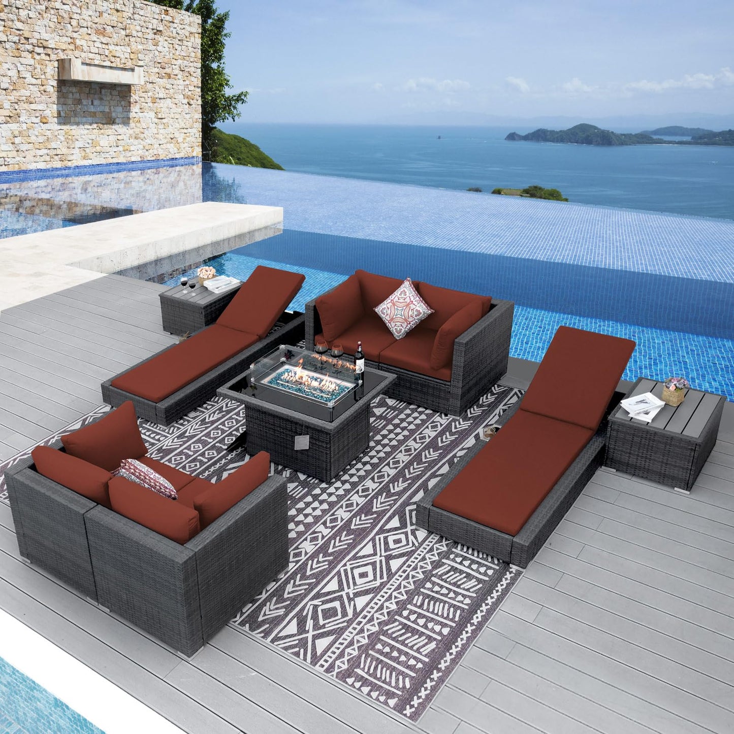 NICESOUL® 13-teiliges großes Luxus-Sofaset für die Terrasse mit Feuerstelle für Erdgas/Propan, 74 cm hohe Rückenlehne, Garten-Sitzgruppe, Gartensofa aus PE-Rattan, dunkelgrau 