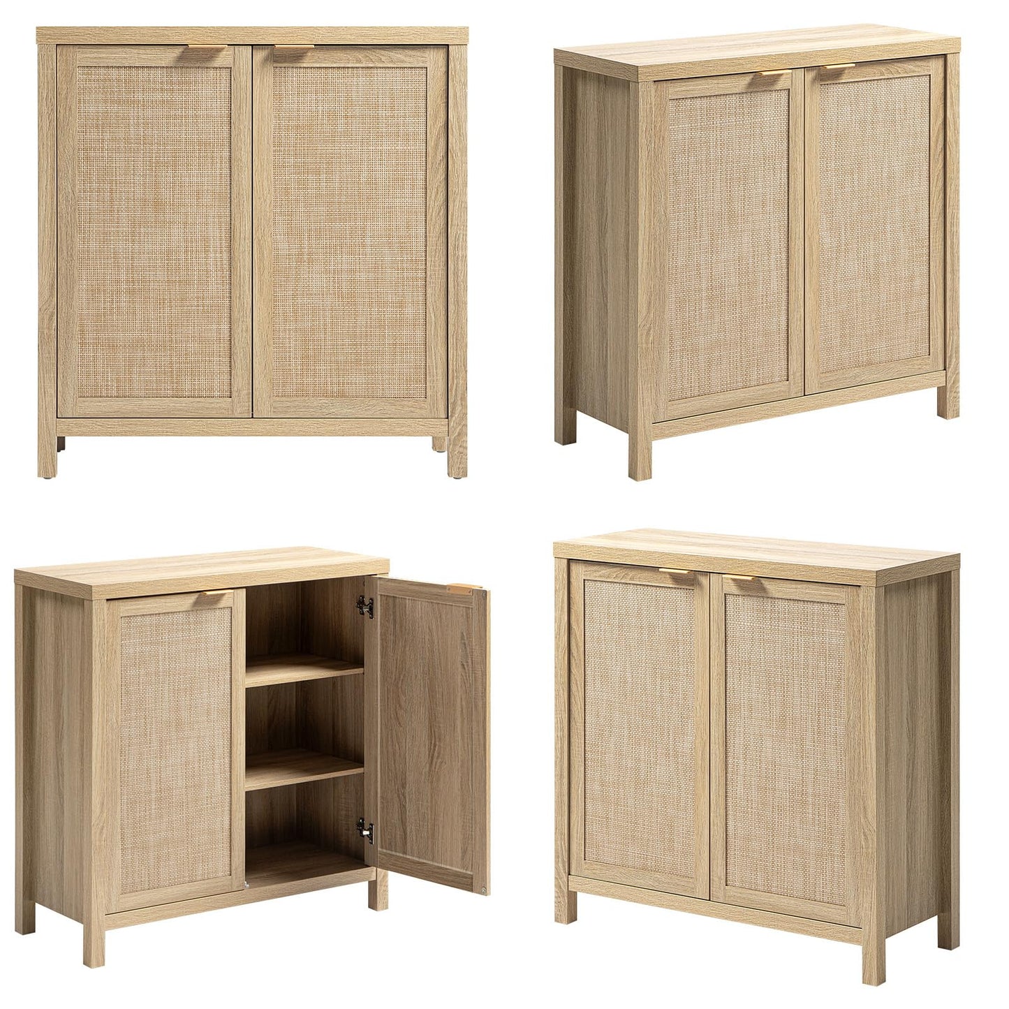 SICOTAS Rattan-Sideboard, Buffetschrank – großer Küchenschrank im Boho-Stil mit Rattan-Aufbewahrung – Holz-Kaffeebar-Schrank, Buffet-Konsolentisch für Esszimmer, Wohnzimmer, Flur – Natur 