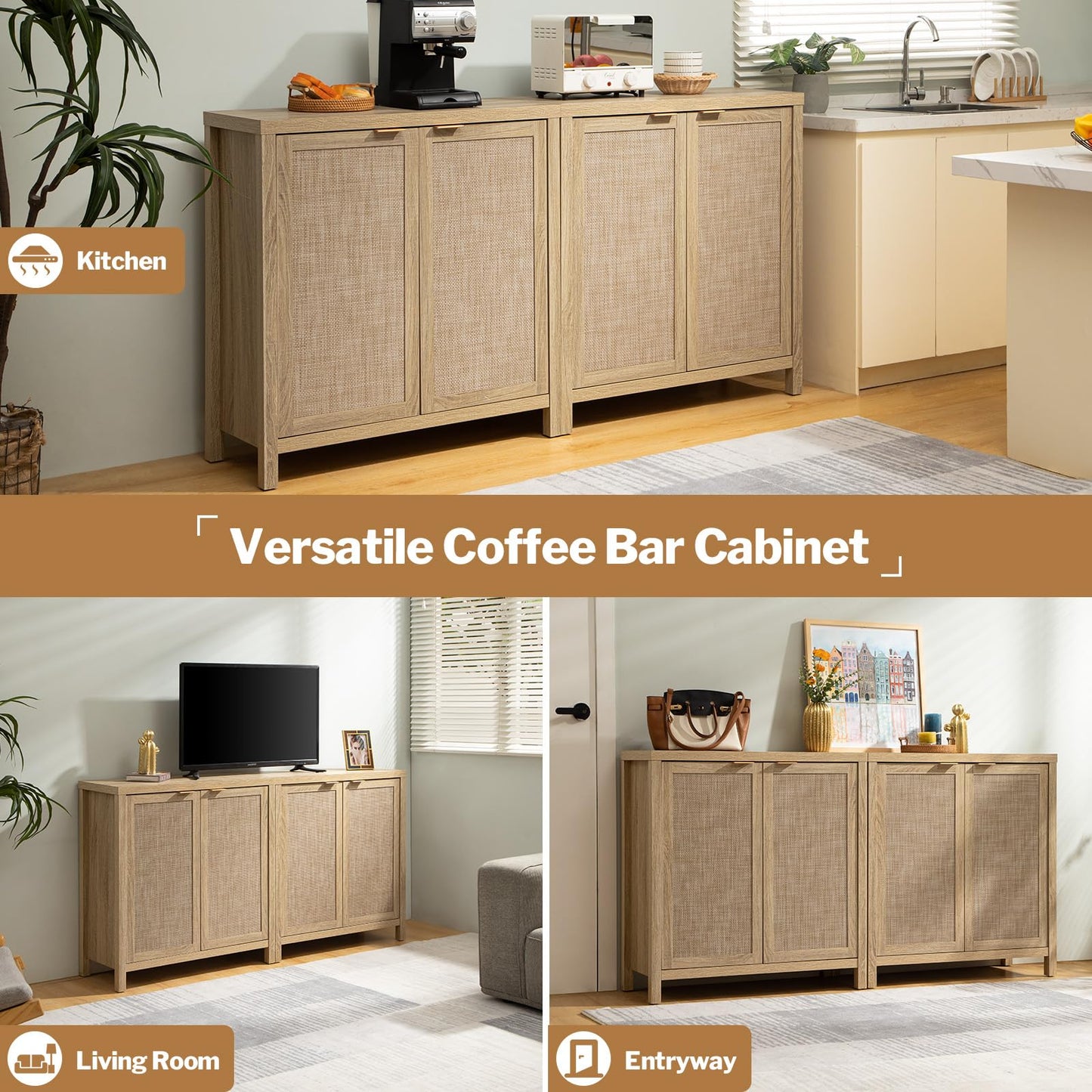 SICOTAS Rattan-Sideboard, Buffetschrank – großer Küchenschrank im Boho-Stil mit Rattan-Aufbewahrung – Holz-Kaffeebar-Schrank, Buffet-Konsolentisch für Esszimmer, Wohnzimmer, Flur – Natur 