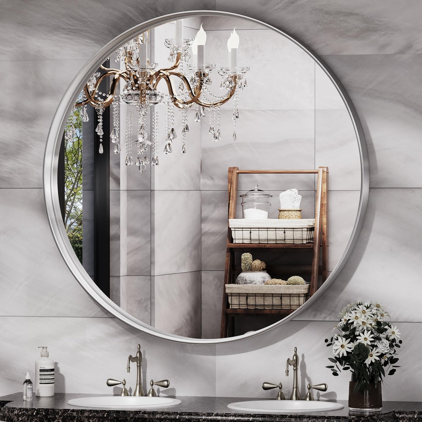 Hasipu Wall Mirrors Decorative, 40" Mirror Wall Decor, Beveled Edge Frameless Wall Mount Round Mirror for Living Room