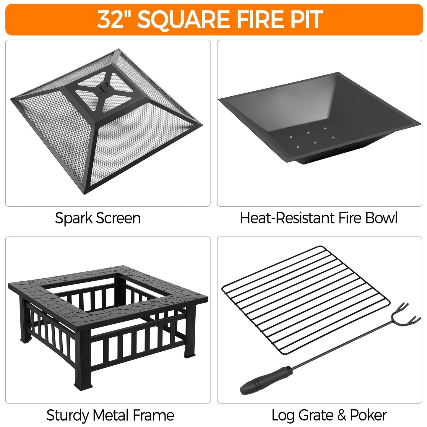 Yaheetech 32in Outdoor Firepit Square Table Backyard Patio Garden Stove Wood Burning Fire Pit with Spark Screen, Log Poker and Cover