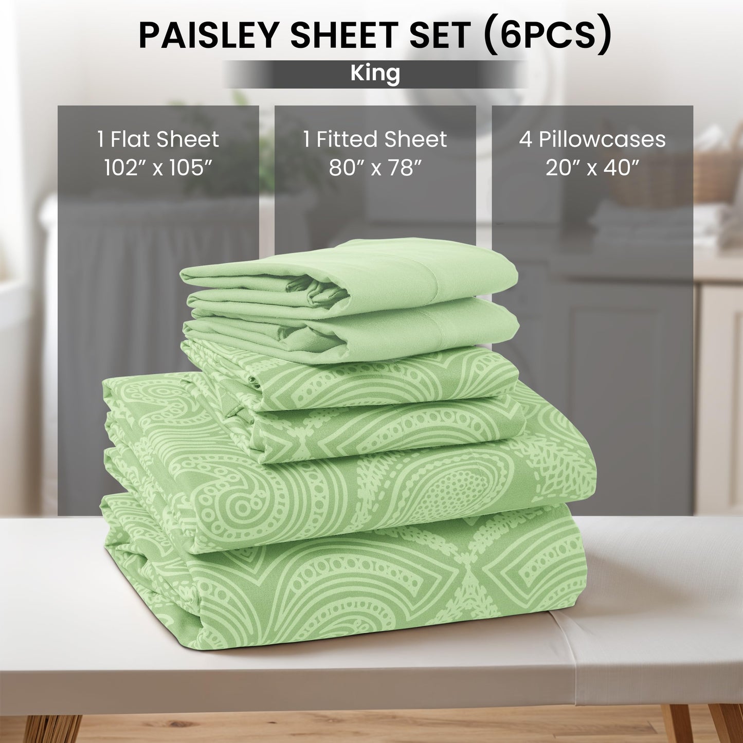 LUX Decor Paisley King Sheet Set, 6 PC Soft Microfiber Wrinkle Free Sheets - Luxurious Printed Bed Sheets Includes Flat Sheet, Fitted Sheet with Deep Pockets, & 4 Pillowcases - Taupe