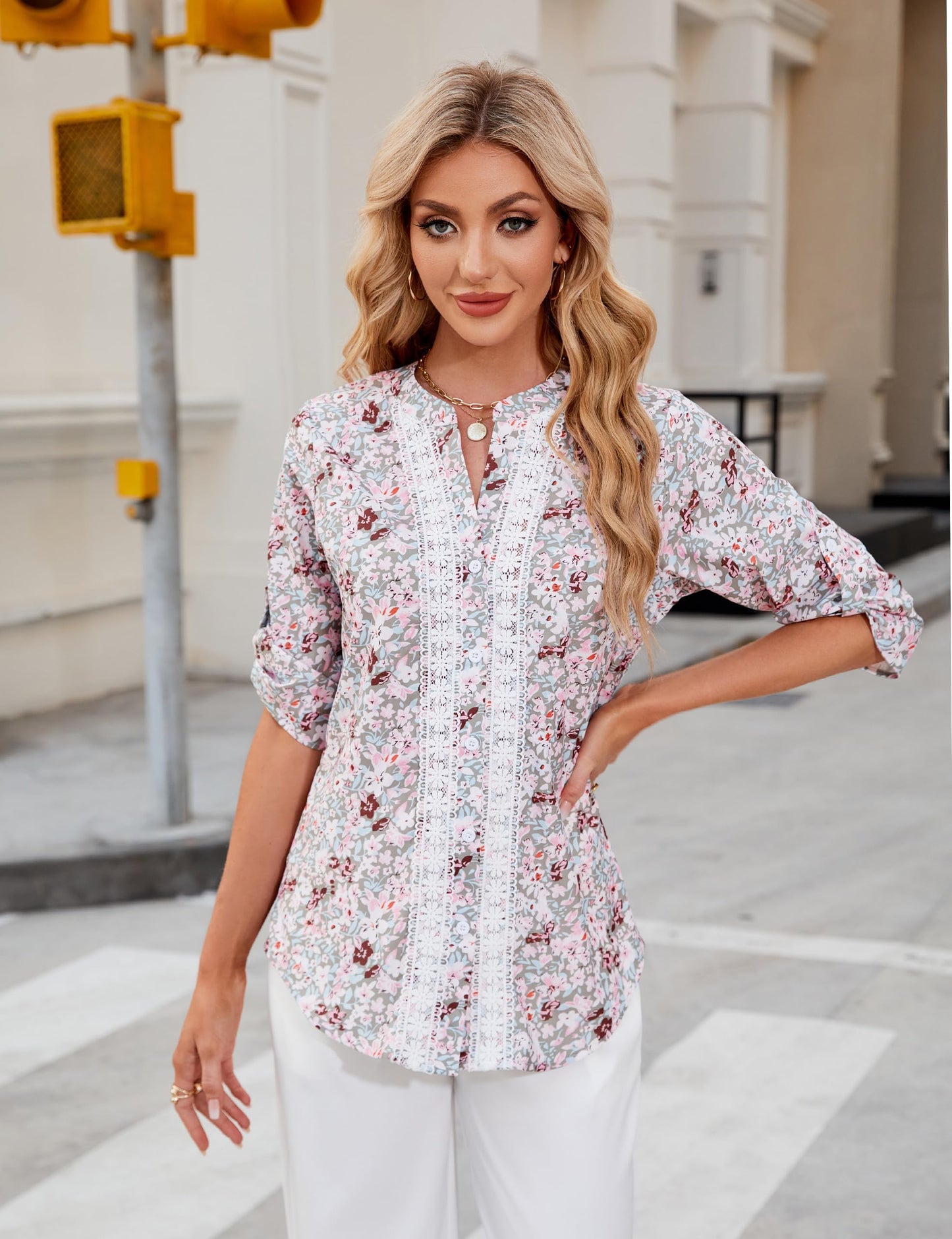 Blooming Jelly Damen Button-Down-Hemden mit Spitze, Häkelarbeit, elegante, lässige Oberteile, 3/4-Ärmel, Arbeits-/Sommer-Outfits 2024