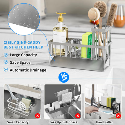 Kitchen Sink Caddy Organzier with High Brush Holder, Sponge Holder for Sink, 304 Rustproof Stainless, Kitchen Countertop Soap Dispenser Organizer, Kitchen Decor and Accessories
