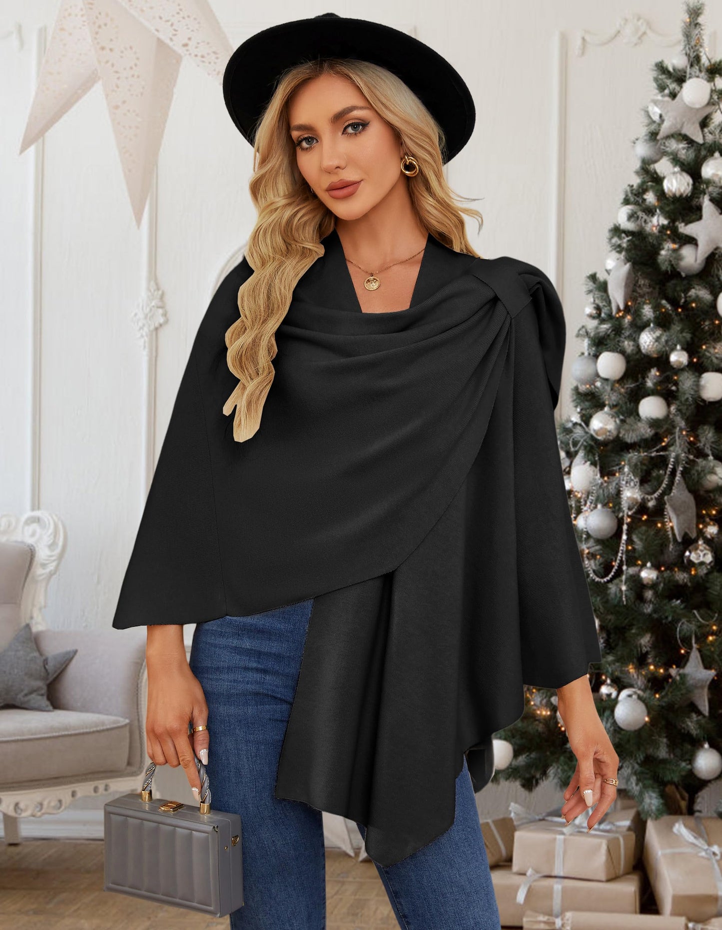 PULI Femmes Grand Poncho Croisé Sur Le Devant Pull Enveloppant Topper Tricoté Élégant Châles Cape pour l'Automne Hiver