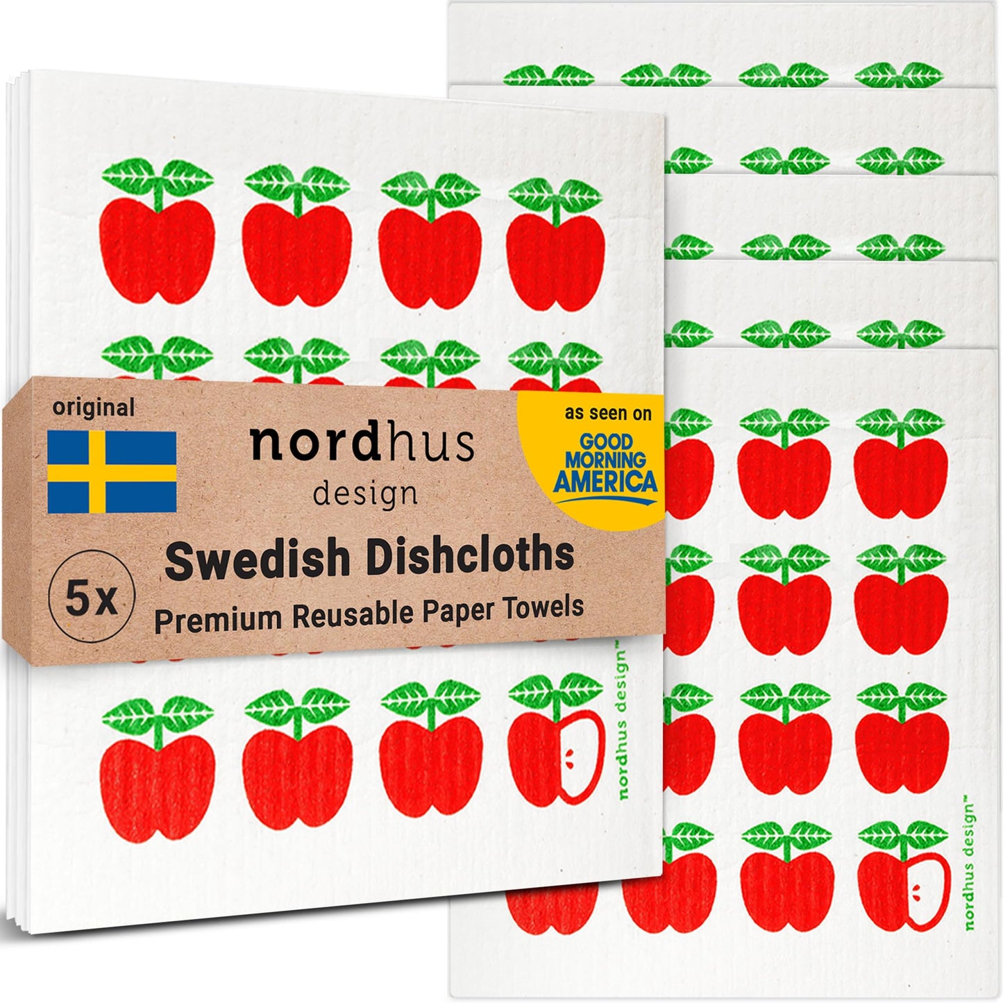 Nordhus Design Swedish Dishcloths for Kitchen, 10 Cloths, Made in Sweden - Reusable, Washable Cellulose Cotton Kitchen Cloths - Replace Paper Towels, Wipes, Sponges, Dish Rags