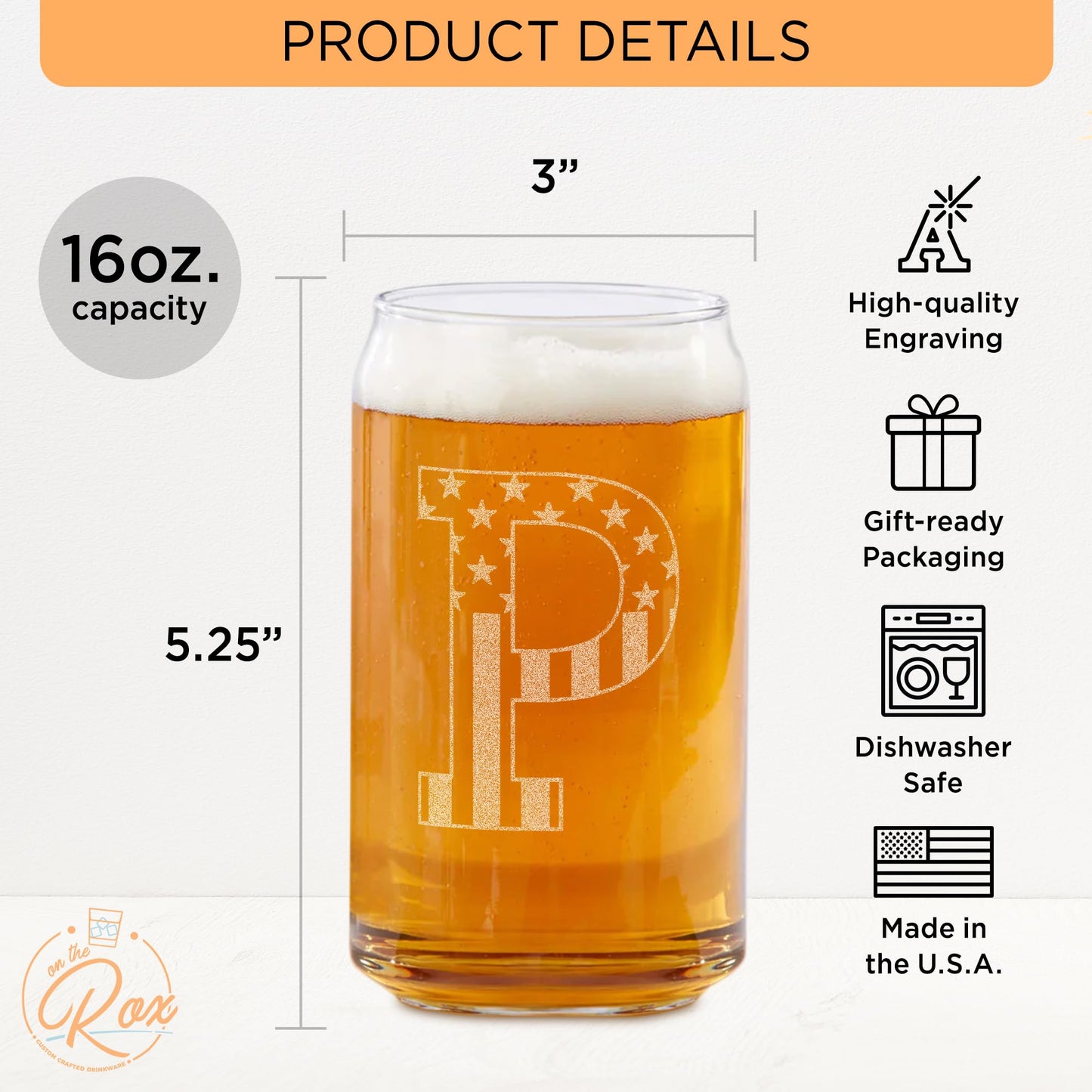 Monogram Beer Glasses for Men (A-Z) 16 oz - Engraved Beer Gifts for Men Brother Son Dad Neighbor - Unique Christmas Gifts for Him - Personalized Drinking Gift Beer Glass Mugs (J)