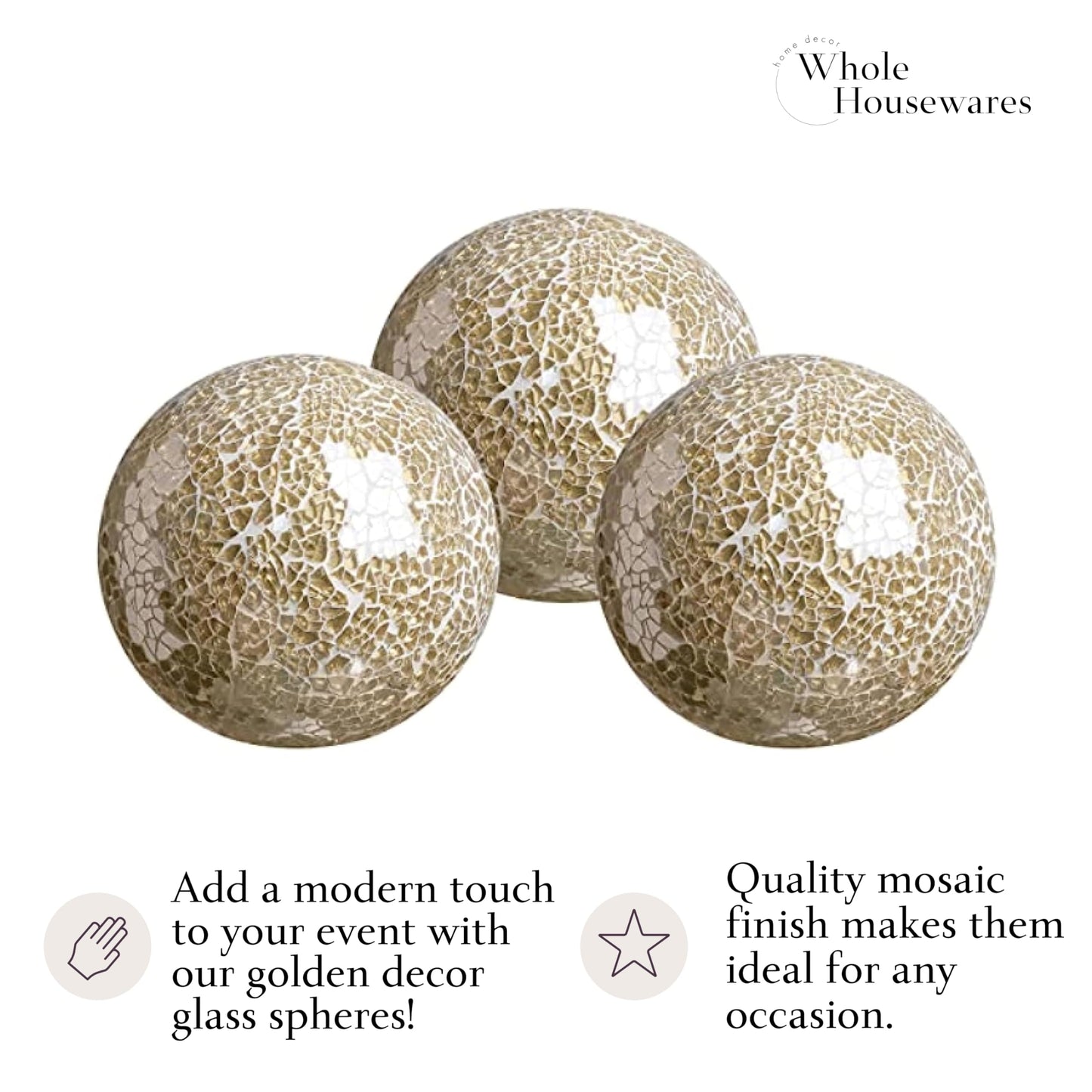 WHOLE HOUSEWARES | Decorative Balls for Centerpiece Bowls | Set of 3 | Glass Mosaic Sphere | Diameter 4" | Home/Garden/Kitchen/Living Room Decor | Gold