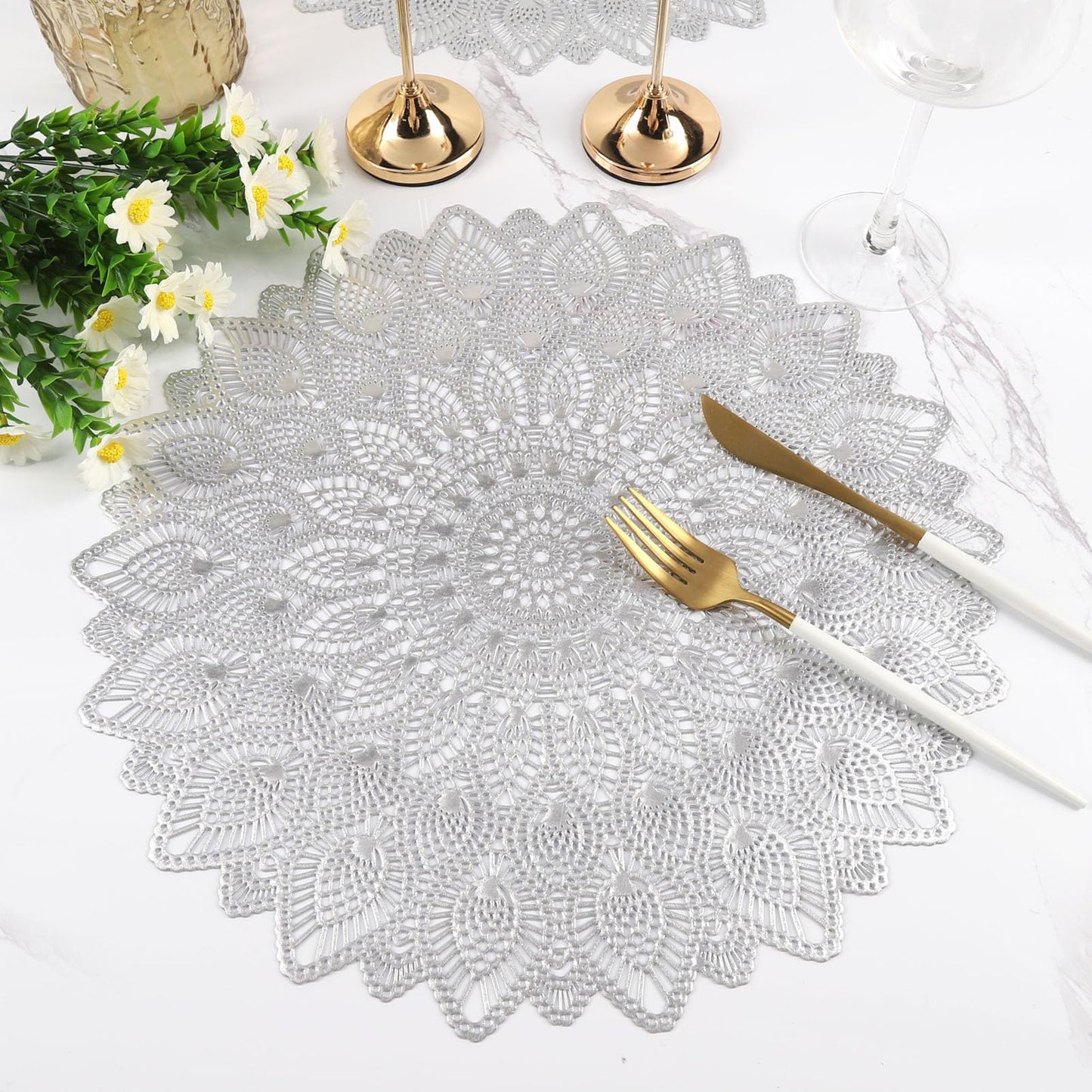 Silver Round Placemats, Hollow Out Washable and Wipeable Place Mats, Pressed Vinyl Table Mats Set of 6 for Anniversary Dinner Kitchen Decorations