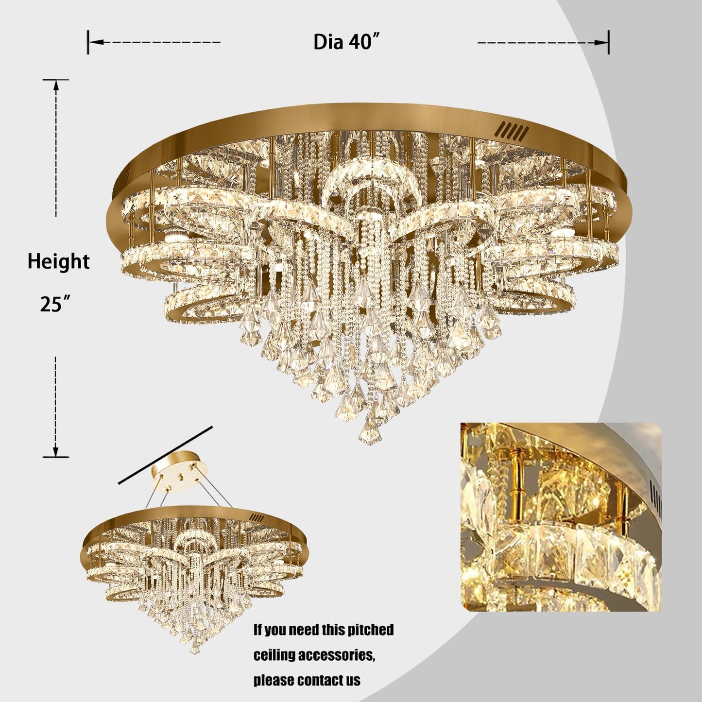 Flashing God W40 Modern Crystal Chandelier for Living Room Crystal Flush Mount LED Gold Ceiling Light Fixture for Foyer Dining Room Hallway Dimmable 2700k 4500k 6000k