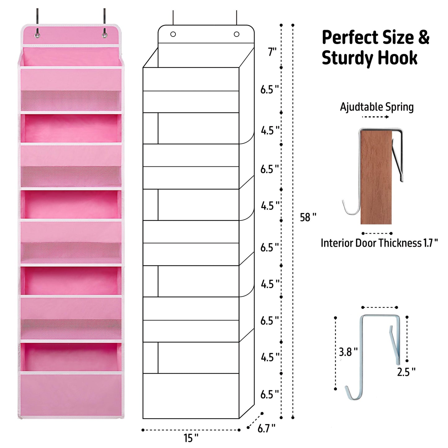 Organisateur de porte avec 5 grandes poches, organisateur de rangement suspendu robuste, placard, salle de bain, chambre d'enfant, dortoir, jouets, cosmétiques, articles divers et essentiels pour bébé, gris 