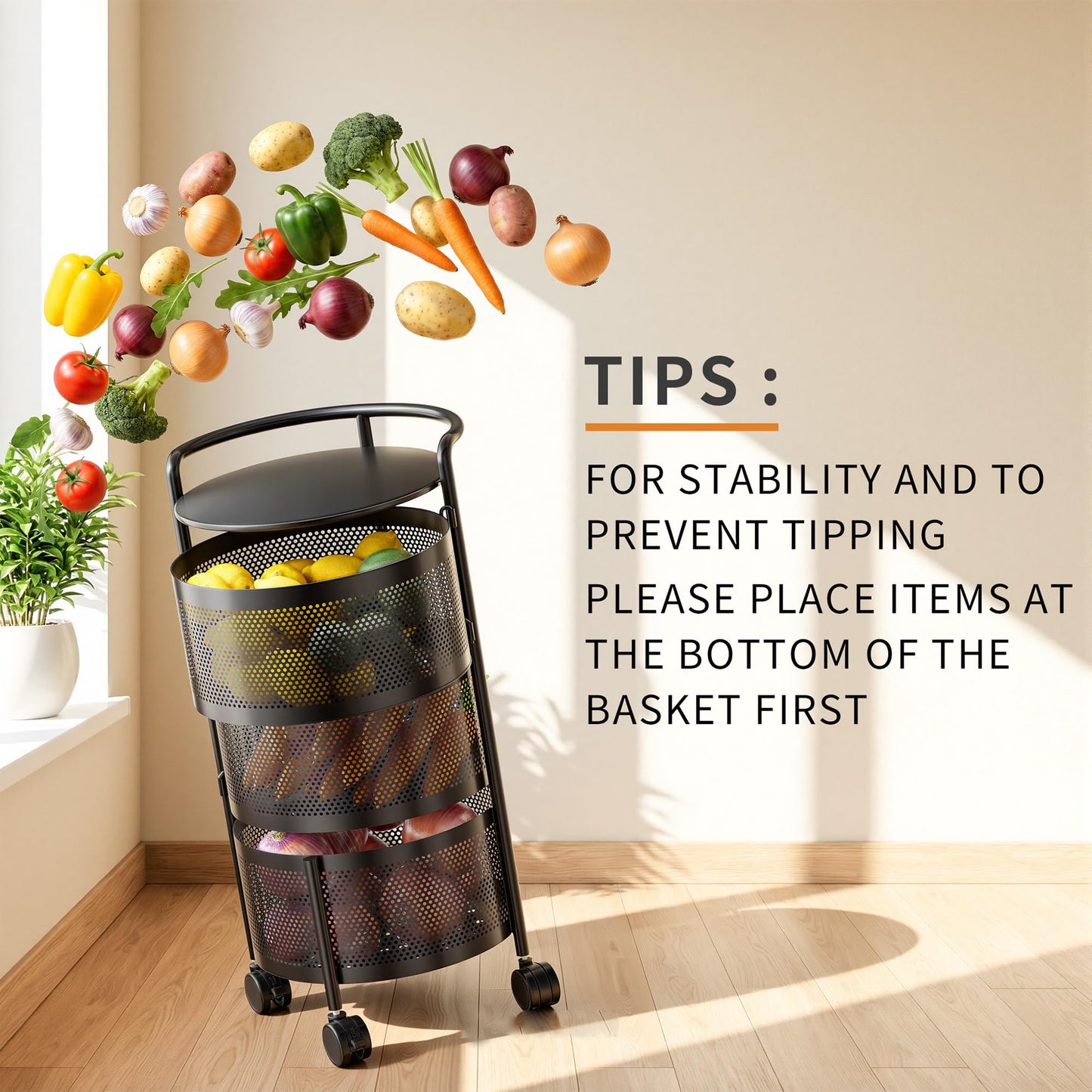 No Assembly Required Vegetable Storage Rack, 4-Tier Rotating Fruit Basket with Wheels, Heavy Duty Carbon Steel Kitchen Storage Cart