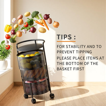 No Assembly Required Vegetable Storage Rack, 4-Tier Rotating Fruit Basket with Wheels, Heavy Duty Carbon Steel Kitchen Storage Cart