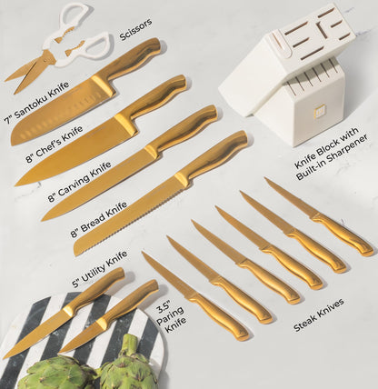 Copper Knife Set with Block - 14 PC Self Sharpening Knife Block Set