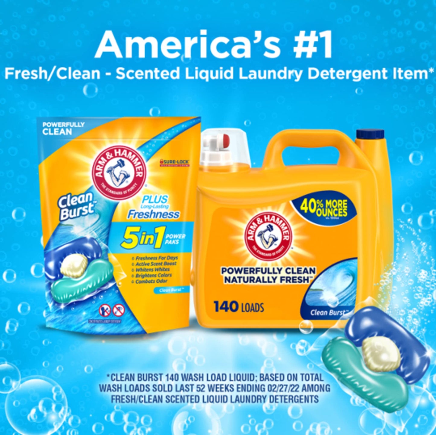 Arm &amp; Hammer Clean Burst 5-in-1 Waschmittel Power Paks, hohe Effizienz (HE), 42 Stück 