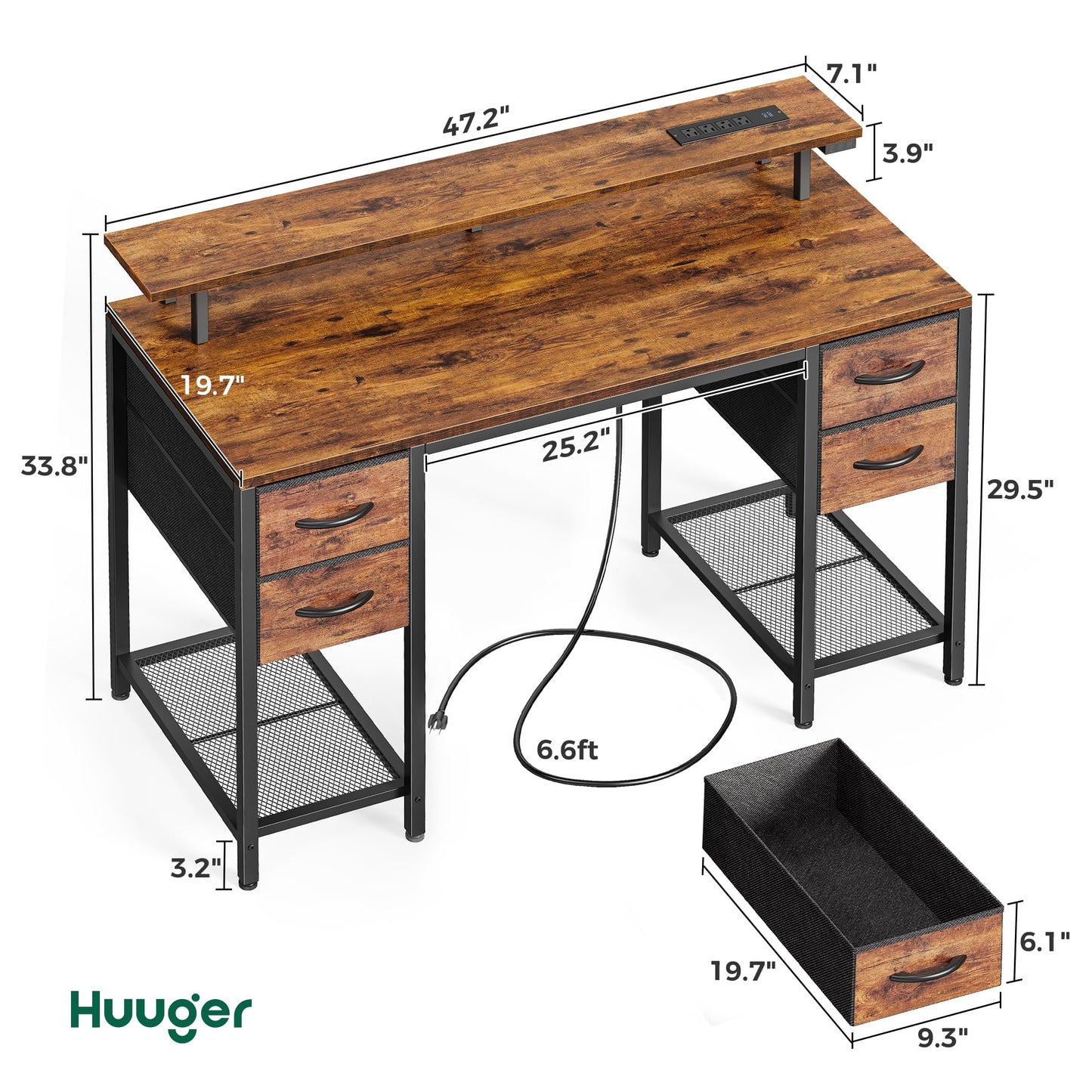 Huuger 47 inch Computer Desk with 4 Drawers, Gaming Desk with LED Lights & Power Outlets, Home Office Desk with Large Storage Space for Bedroom, Work from Home, Black