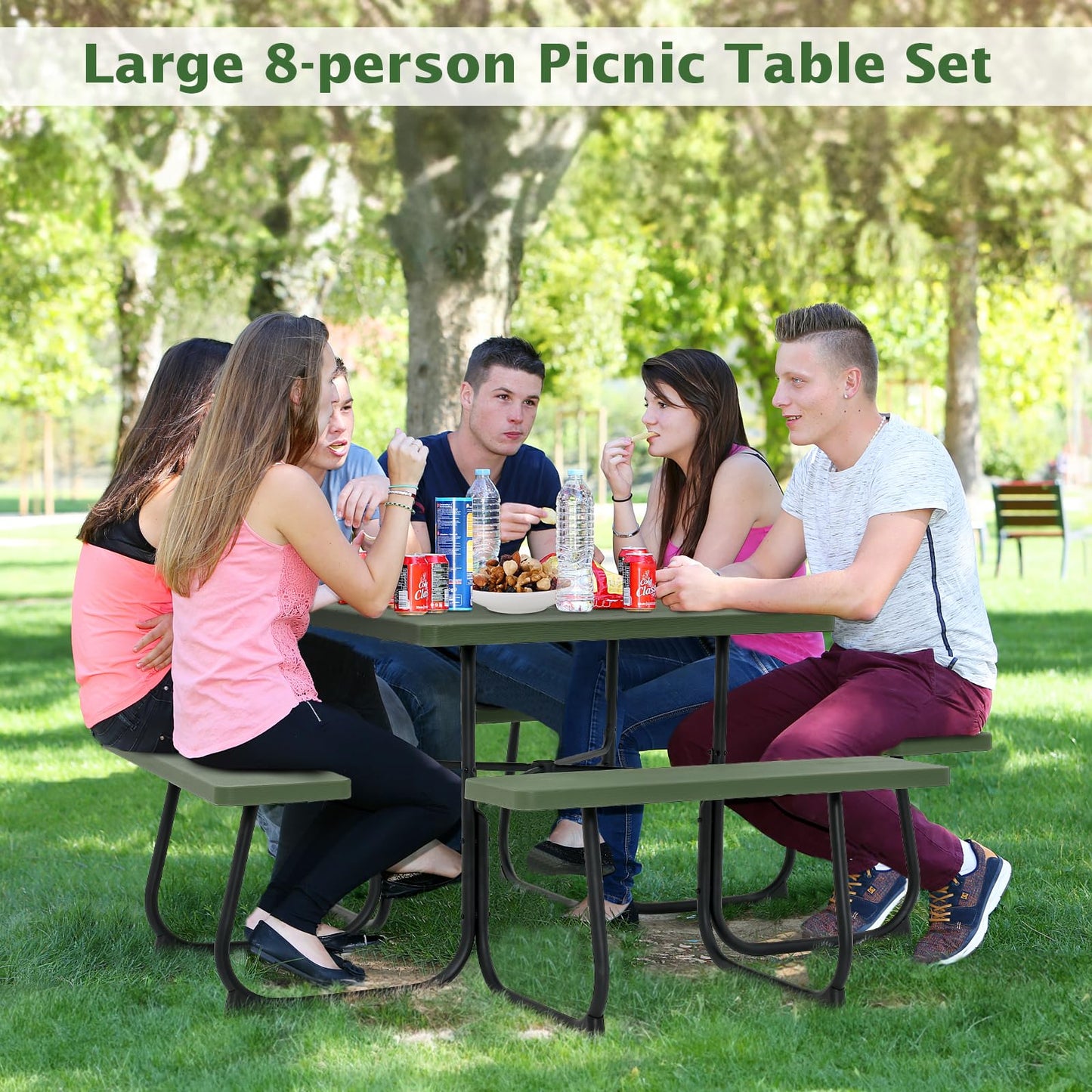 Giantex Picnic Table Set for 4-8 Persons, Outdoor Table and Bench Set with Umbrella Hole, HDPE Top & Metal Frame, 500LBS Capacity, Square Patio Table Bench Set for Deck Backyard Garden (White)