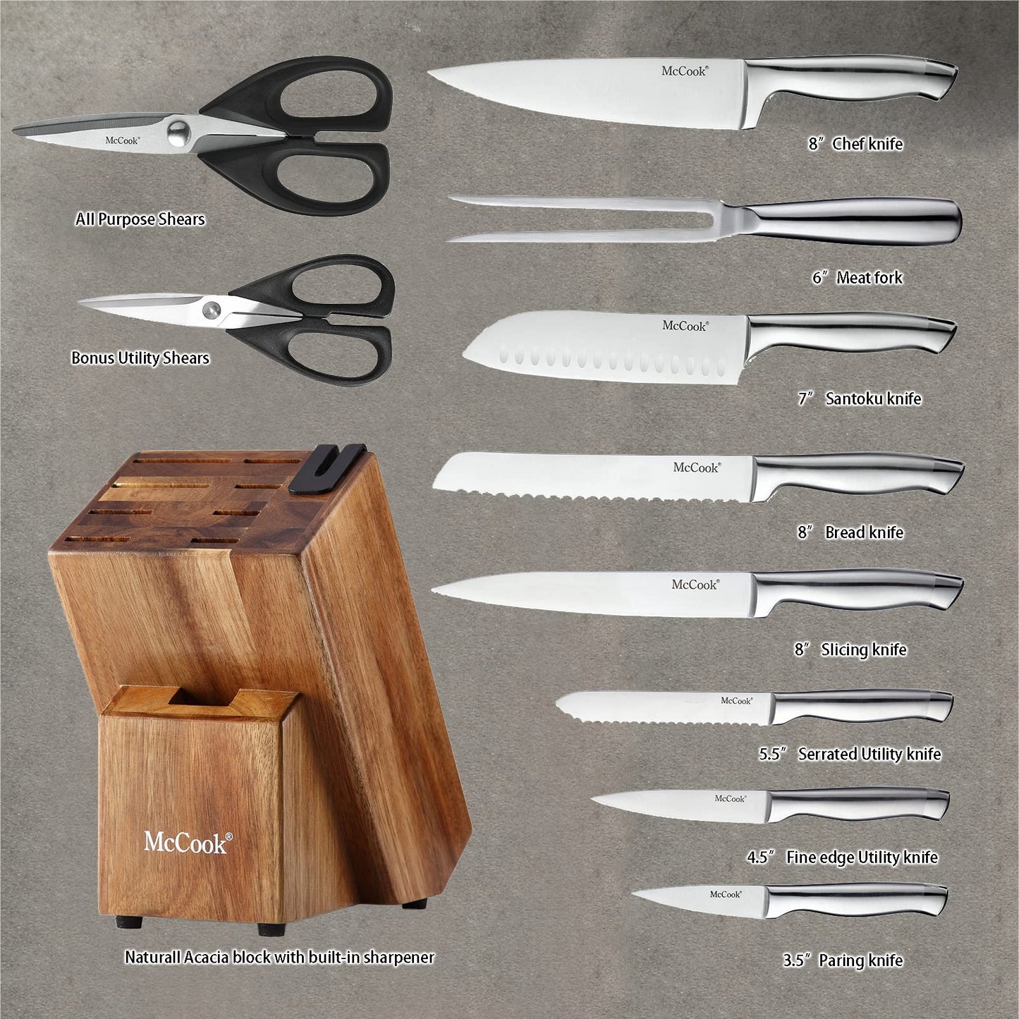 McCook® Knife Sets, Golden Titanium Stainless Steel Kitchen Knife Block Sets with Built-in Sharpener