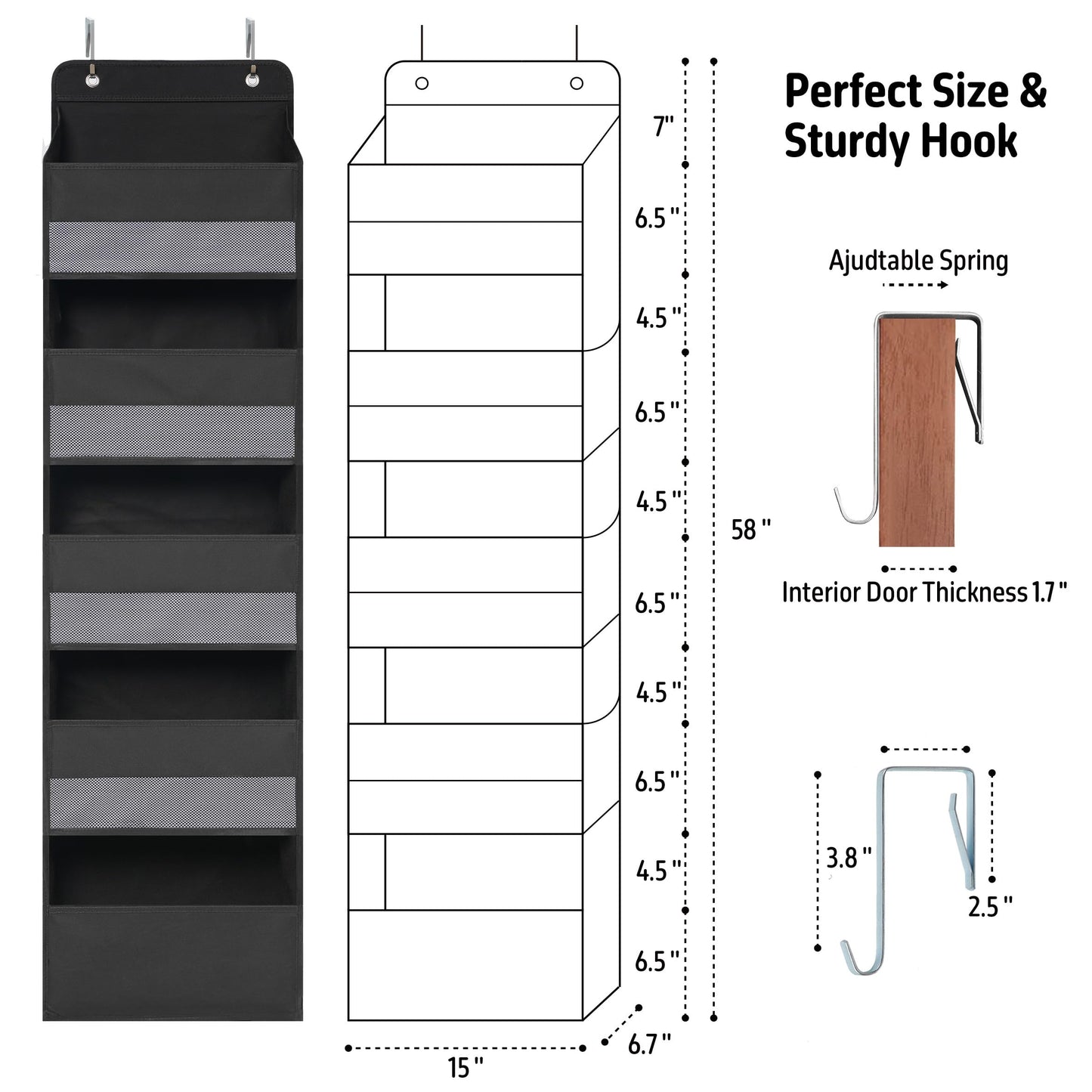 Organisateur de porte avec 5 grandes poches, organisateur de rangement suspendu robuste, placard, salle de bain, chambre d'enfant, dortoir, jouets, cosmétiques, articles divers et essentiels pour bébé, gris 