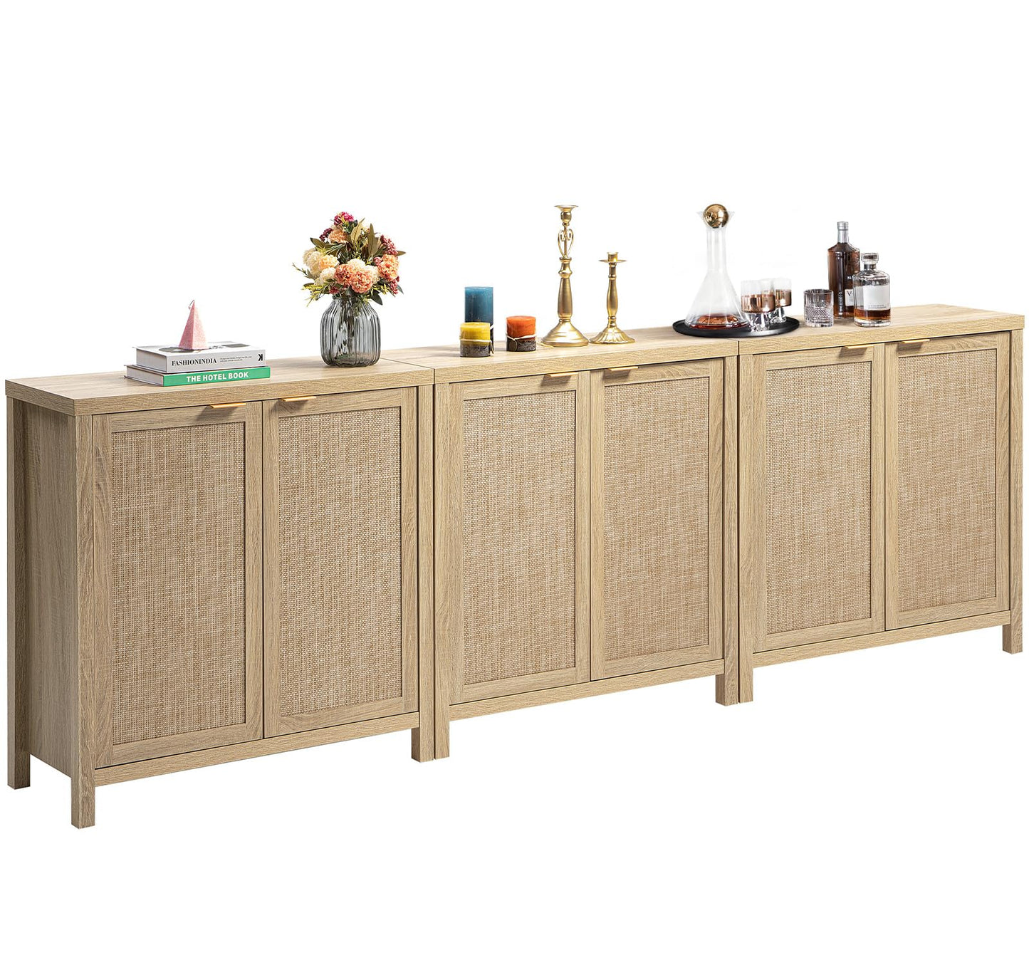 SICOTAS Rattan-Sideboard, Buffetschrank – großer Küchenschrank im Boho-Stil mit Rattan-Aufbewahrung – Holz-Kaffeebar-Schrank, Buffet-Konsolentisch für Esszimmer, Wohnzimmer, Flur – Natur 