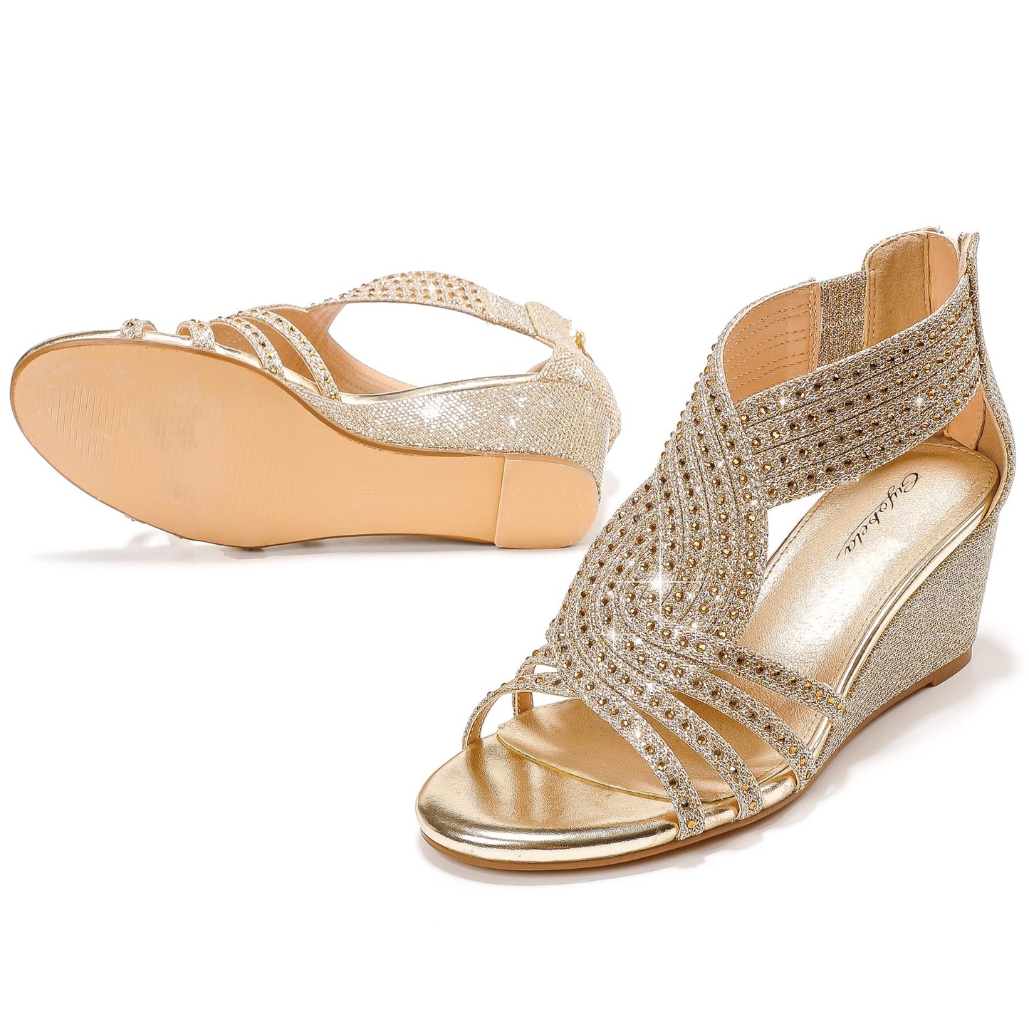 Damen Keilsandalen mit glitzernden Strasssteinen, offene Zehenpartie, modische, elegante Sandalen für Abendveranstaltungen, Hochzeiten und Abschlussbälle 