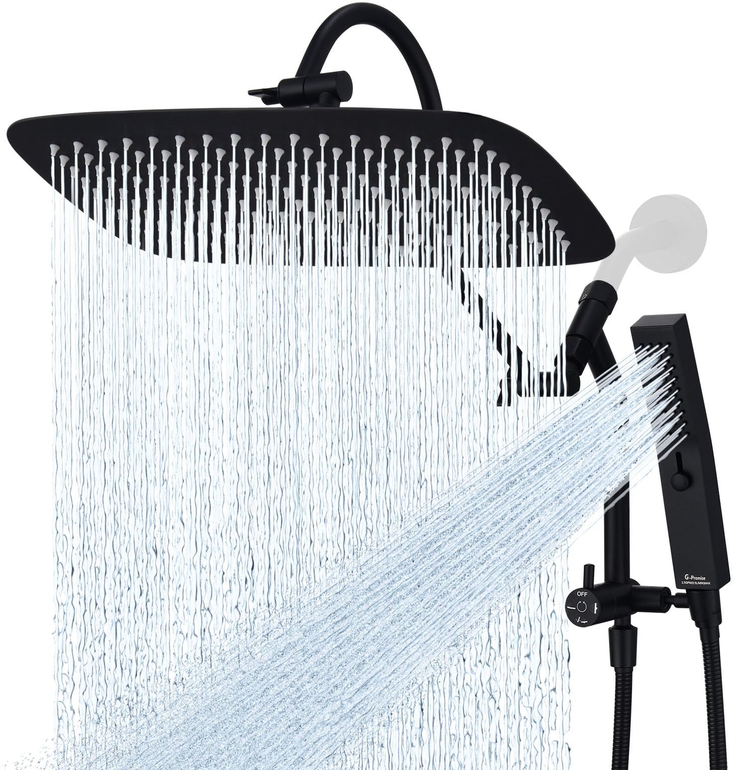 G-Promise All Metal 12 Inch Shower Head with Massage Mode Handheld, Rain Shower Head with Handheld Spray Combo, 3-Way Diverter with Pause Setting, 13 Inch Adjustable Extension Arm (Matte Black)