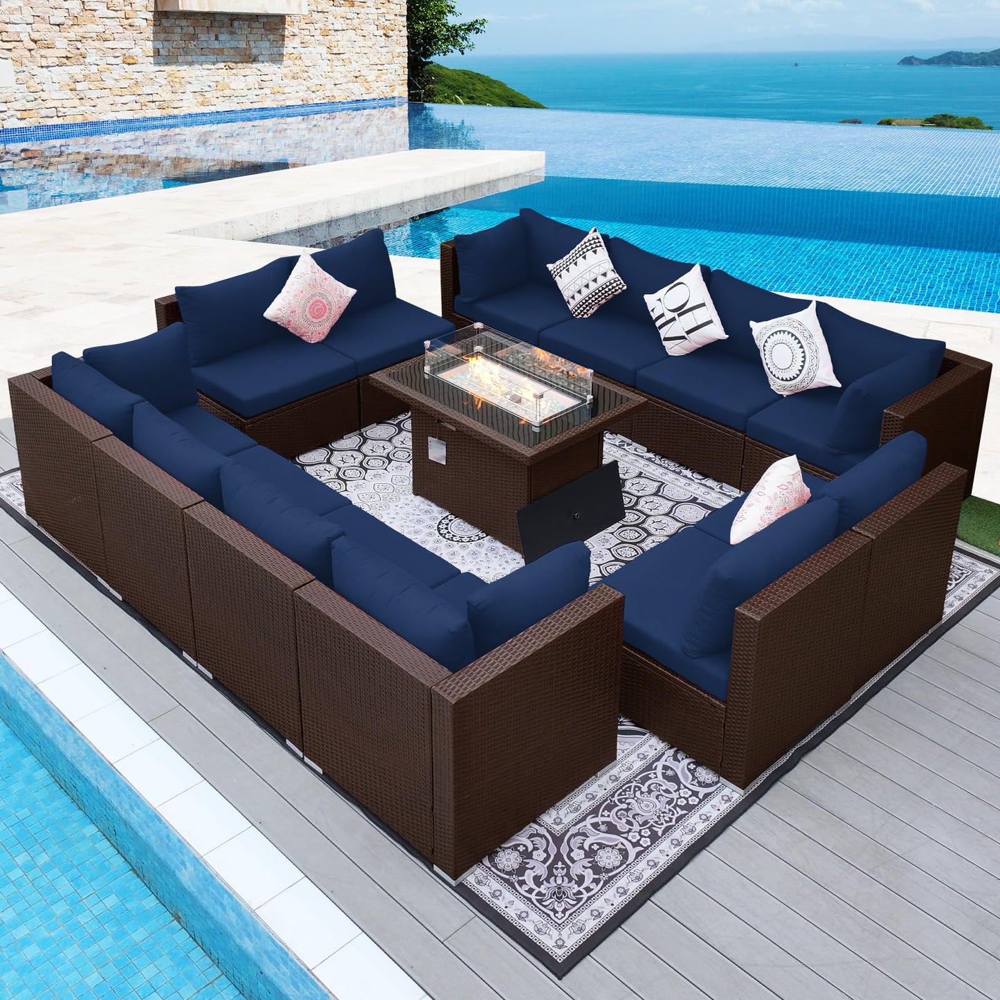 NICESOUL® 13-teiliges großes Luxus-Sofaset für die Terrasse mit Feuerstelle für Erdgas/Propan, 74 cm hohe Rückenlehne, Garten-Sitzgruppe, Gartensofa aus PE-Rattan, dunkelgrau 