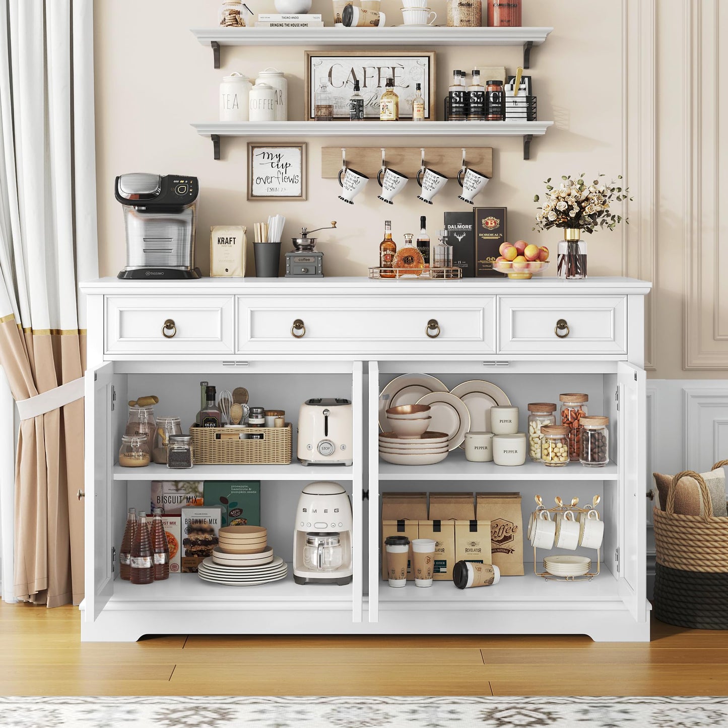 Buffet FINETONES avec rangement, grand buffet de 55,1 po, armoire de cuisine blanche avec 3 tiroirs et 4 portes, armoire de bar à café en bois pour cuisine et salle à manger, blanc 