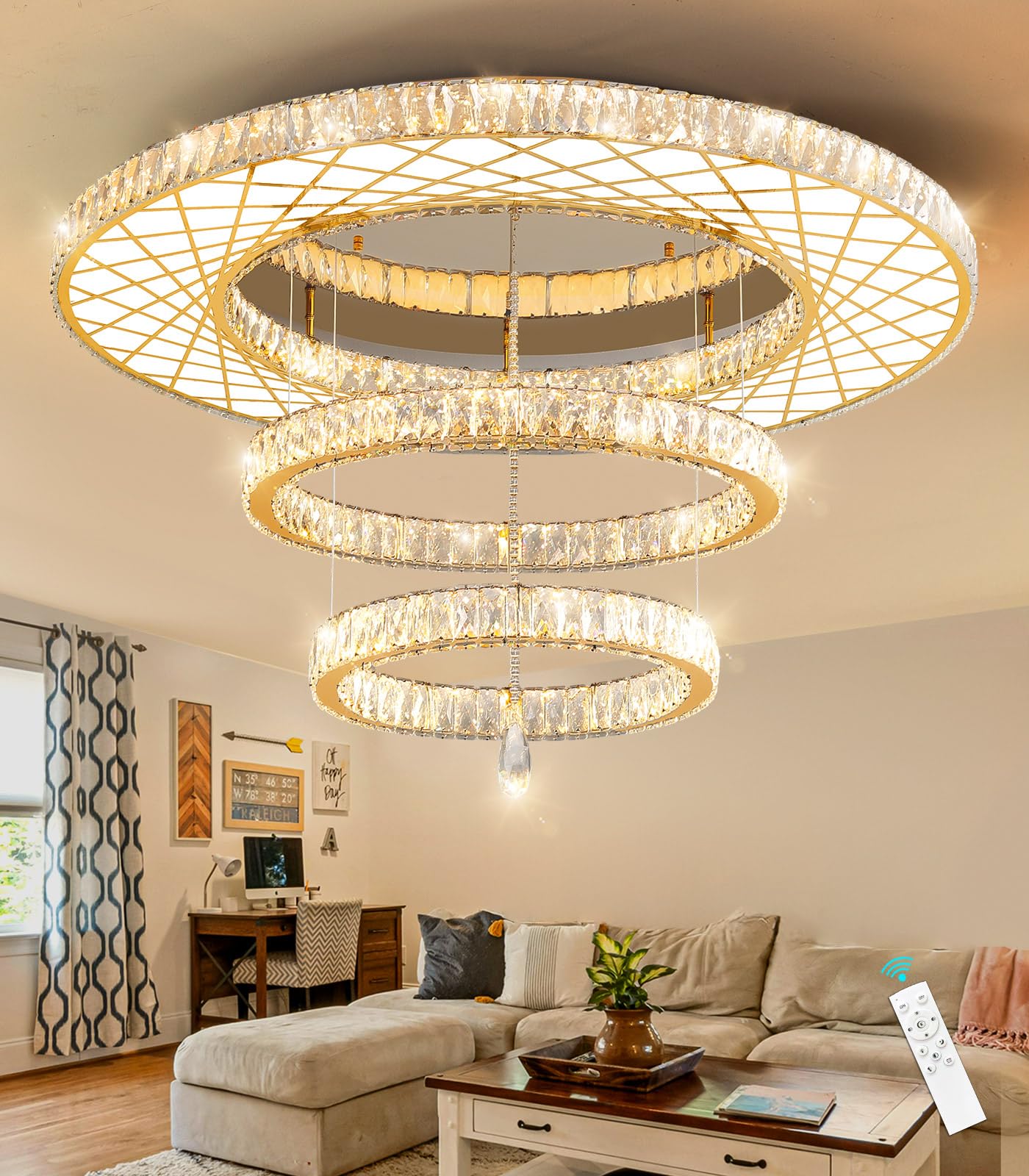 Modern Flush Ceiling Chandelier Bedroom Light Fixtures Crystal Flat Sloping Ceiling Lights for Hallway Kitchen Dining Room Dimmable Light with Remote Gold