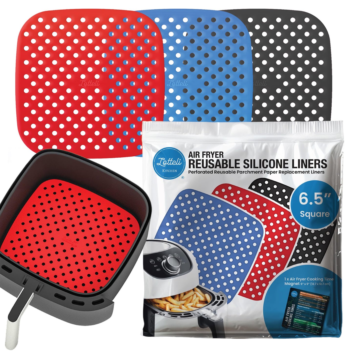 Lot de 3 doublures en silicone pour friteuses à air de 5 QT ou plus - Doublures carrées en silicone pour friteuse à air de 8,5 po - Accessoires pour friteuse à air réutilisables et faciles à nettoyer - Remplacement du papier sulfurisé antiadhésif 