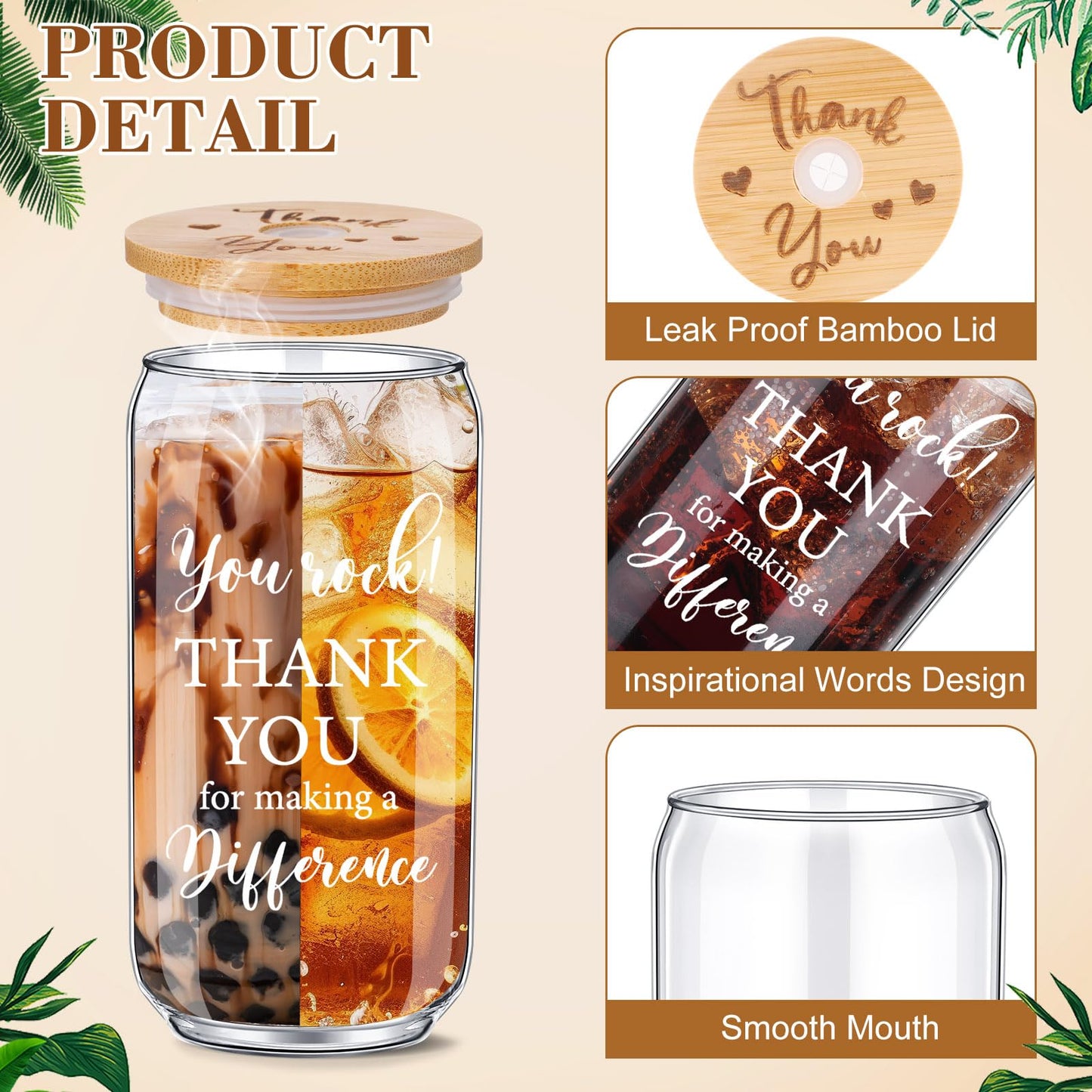 Tioncy 8 Pcs Team Gifts for Employees Thank You Gifts Teacher Staff Appreciation Gifts 16oz Can Shaped Beer Glass with Bamboo Lids Straws Brushes Drinking Glass Cups for Women Men Coworkers Member