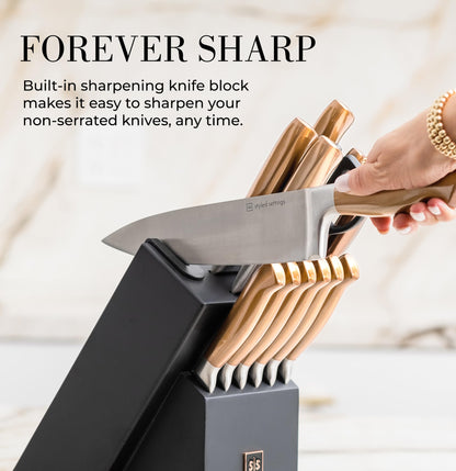 Copper Knife Set with Block - 14 PC Self Sharpening Knife Block Set