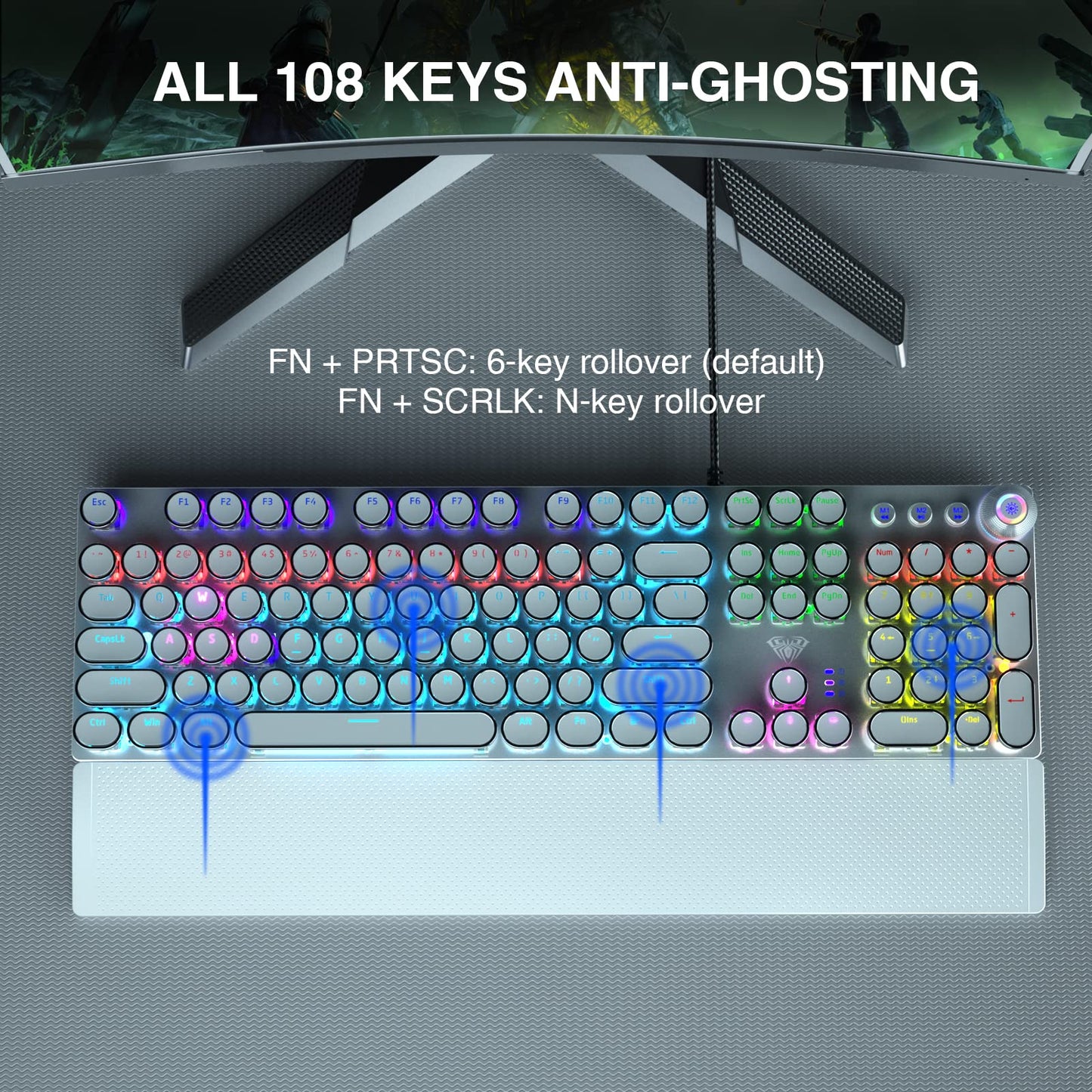 AULA F2088 Mechanical Gaming Keyboard – Blue Switches, Rainbow LED Backlit, Media Knob, Wrist Rest, Retro Typewriter Keycaps, USB Wired