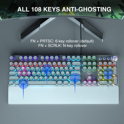 AULA F2088 Mechanical Gaming Keyboard – Blue Switches, Rainbow LED Backlit, Media Knob, Wrist Rest, Retro Typewriter Keycaps, USB Wired