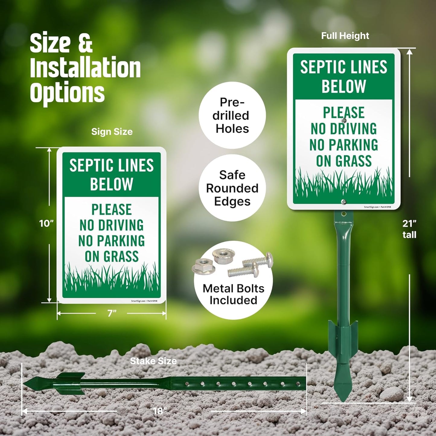 SmartSign Septic Lines Below Yard Sign, 10 x 7 in Aluminum Lawn Sign with 18 in Stake, Green & White