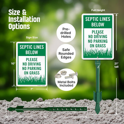 SmartSign Septic Lines Below Yard Sign, 10 x 7 in Aluminum Lawn Sign with 18 in Stake, Green & White