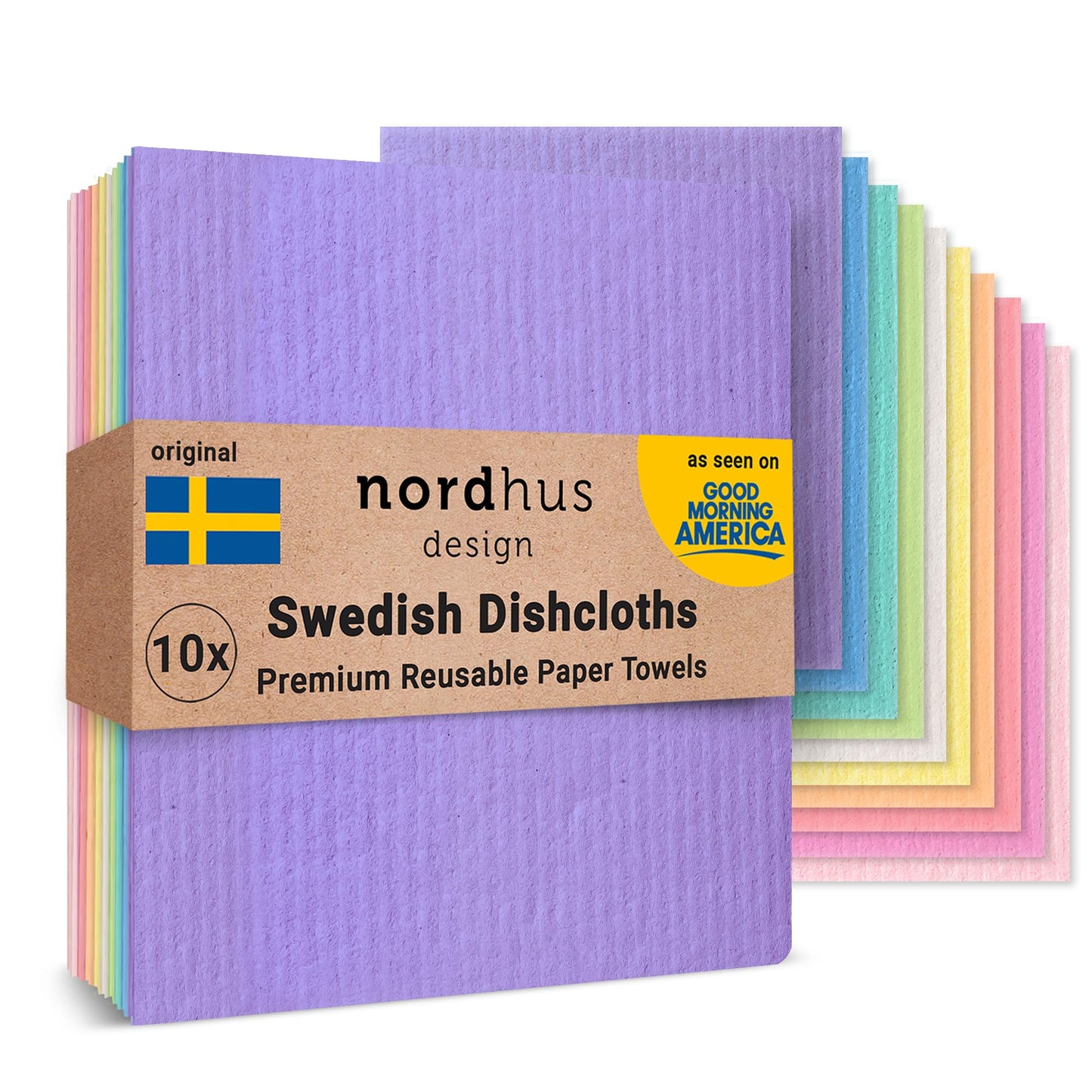 Nordhus Design Swedish Dishcloths for Kitchen, 10 Cloths, Made in Sweden - Reusable, Washable Cellulose Cotton Kitchen Cloths - Replace Paper Towels, Wipes, Sponges, Dish Rags