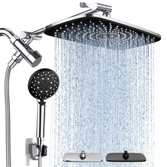 Veken High Pressure Rain Shower Head Combo with Extension Arm- Wide Showerhead with 6 Handheld Water Spray - Adjustable Dual Shower with Anti-Clog Nozzles - Silver Chrome