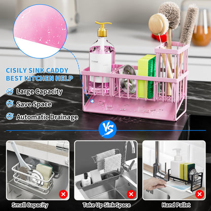 Kitchen Sink Caddy Organzier with High Brush Holder, Sponge Holder for Sink, 304 Rustproof Stainless, Kitchen Countertop Soap Dispenser Organizer, Kitchen Decor and Accessories