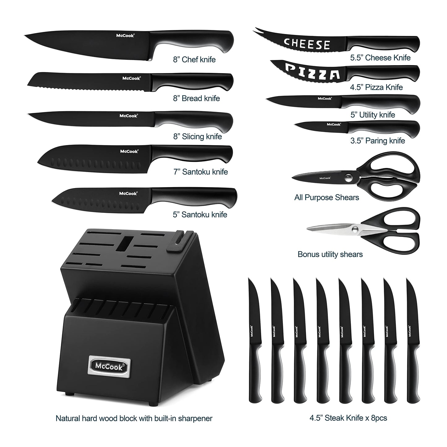 McCook® Knife Sets, Golden Titanium Stainless Steel Kitchen Knife Block Sets with Built-in Sharpener