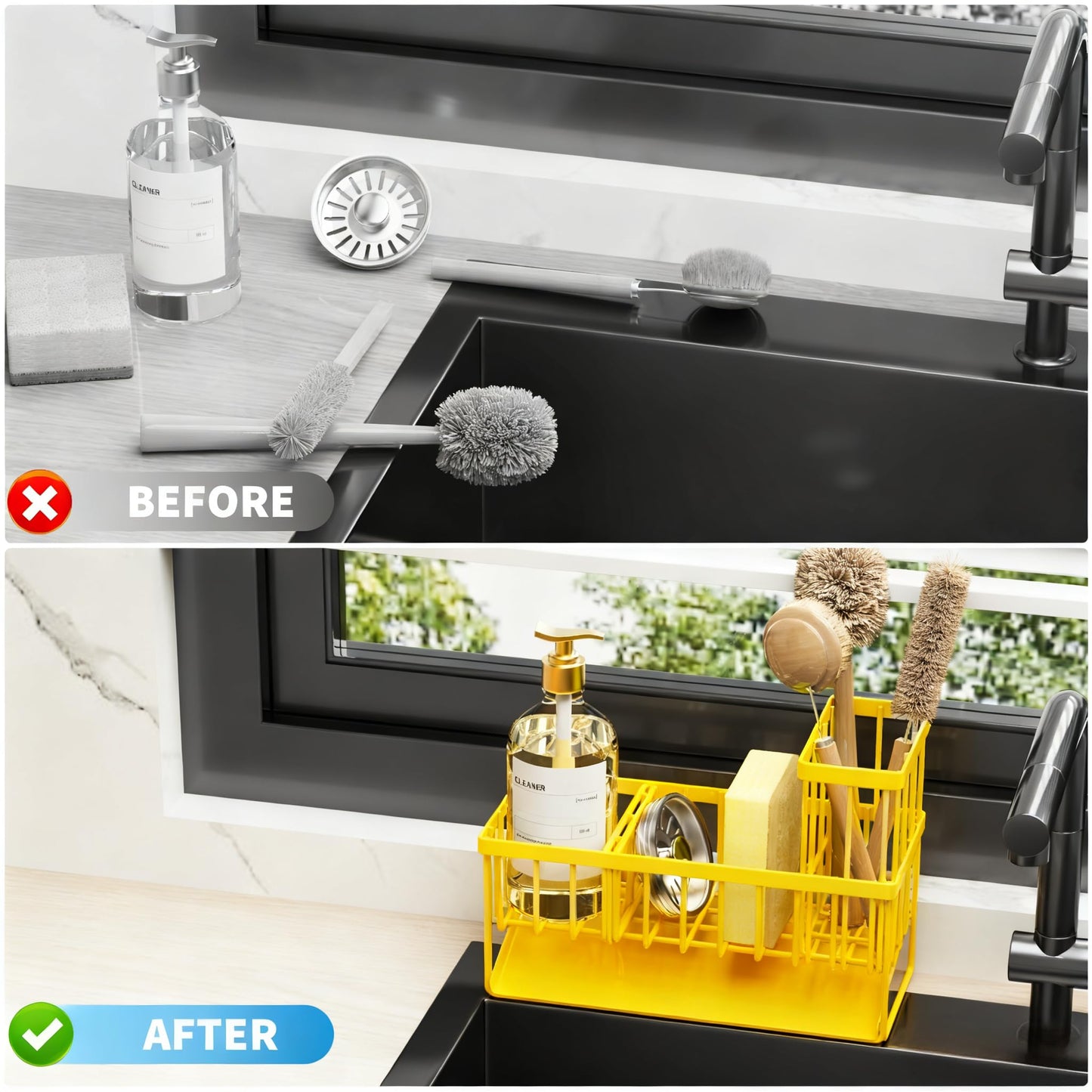 Kitchen Sink Caddy Organzier with High Brush Holder, Sponge Holder for Sink, 304 Rustproof Stainless, Kitchen Countertop Soap Dispenser Organizer, Kitchen Decor and Accessories