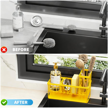 Kitchen Sink Caddy Organzier with High Brush Holder, Sponge Holder for Sink, 304 Rustproof Stainless, Kitchen Countertop Soap Dispenser Organizer, Kitchen Decor and Accessories