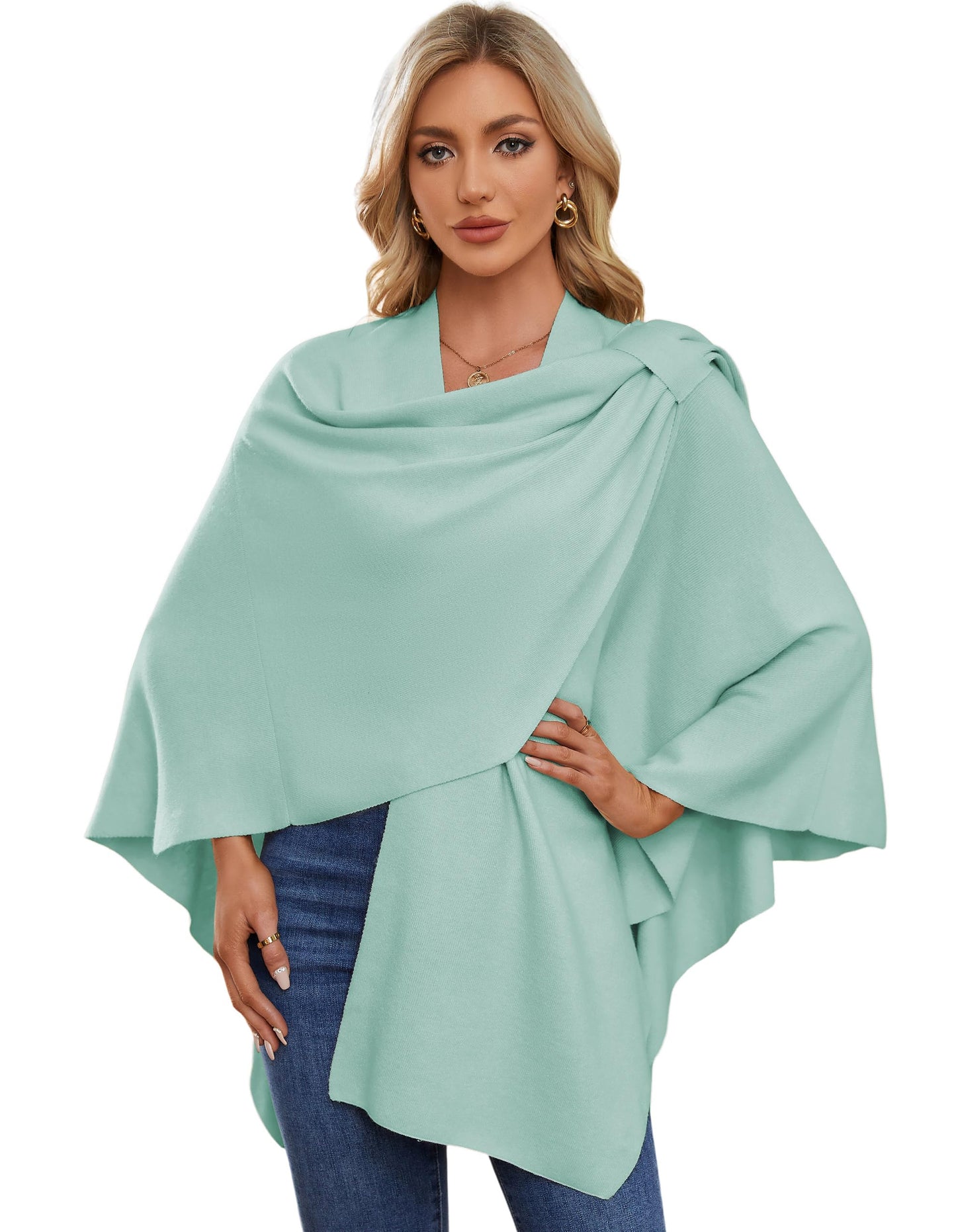 PULI Femmes Grand Poncho Croisé Sur Le Devant Pull Enveloppant Topper Tricoté Élégant Châles Cape pour l'Automne Hiver